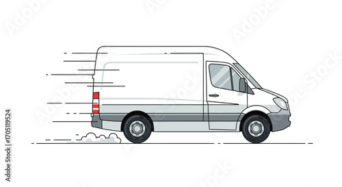White delivery van in motion, showcasing speed and efficiency for courier services, logistics, and shipping, highlighting quick transportation and reliable package delivery