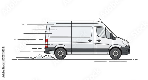 White delivery van in motion, fast transportation service for goods and packages, logistic solution with wheels and windows, modern vehicle for delivery
