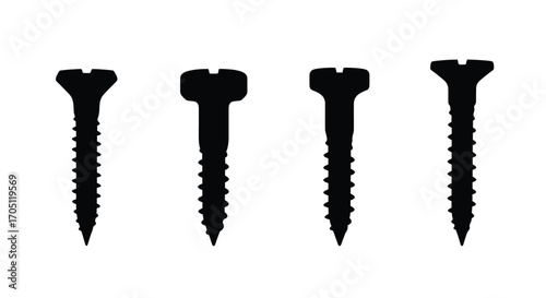 Four black wood screws with phillips head against white surface for construction and diy projects vector