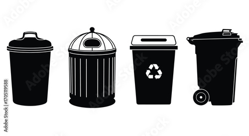Collection of diverse trash cans and recycling bins for waste management and disposal needs vector