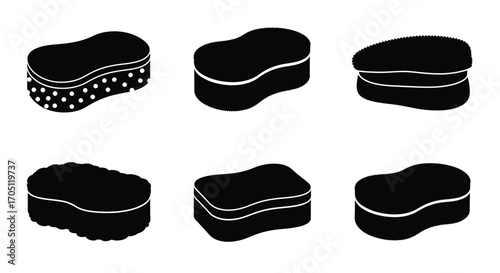 Set of six black cosmetic makeup sponges in various shapes for blending foundation and concealer vector