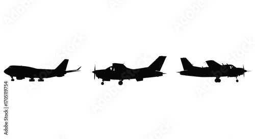 Three silhouette small aircraft models lined up side by side on vector