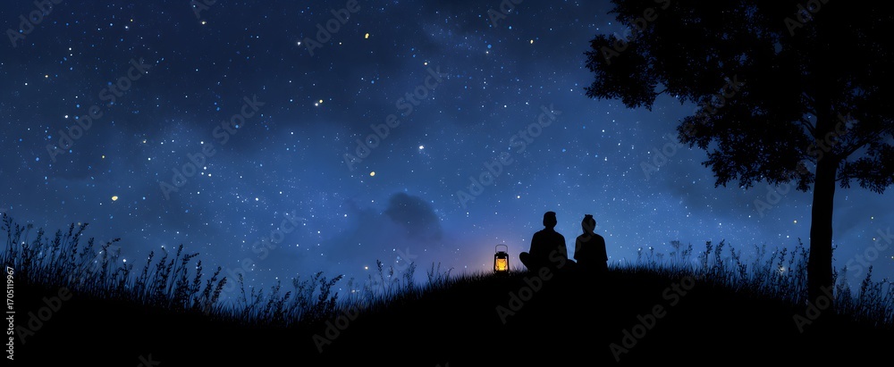 Fototapeta premium Friends stargazing on lush hills under a vast indigo sky with twinkling stars.