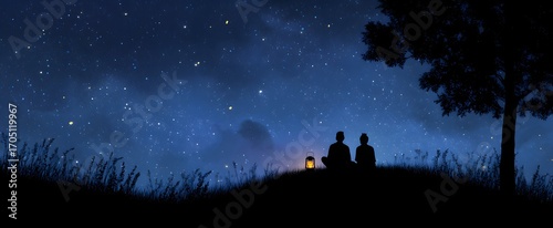 Friends stargazing on lush hills under a vast indigo sky with twinkling stars.