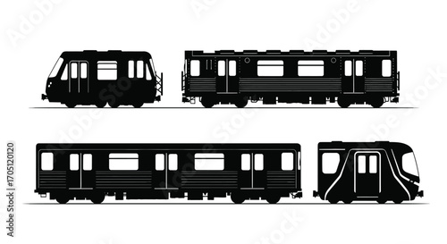 Silhouette collection of modern subway trains and carriages for urban transportation concepts vector