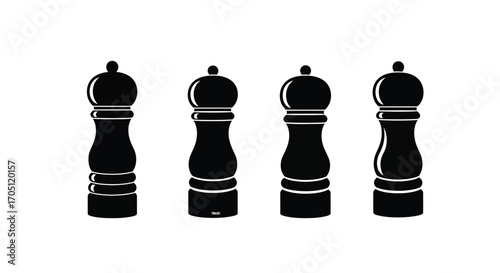 Four classic black pepper mill grinders presented side by side isolated vector