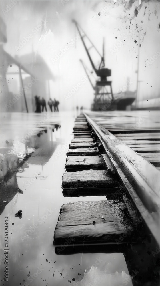 Obraz premium Old wet railroad tracks leading to crane in harbor with dockworkers