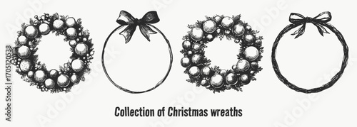 Vintage engraving style Christmas wreath illustration with festive ornaments. Hand drawn holiday sketch for cards, posters.