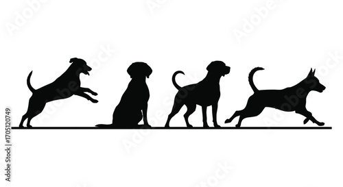 Diverse dog silhouettes showcasing various poses and breeds in dynamic motion series vector