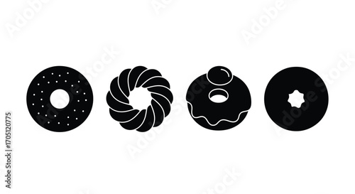 Four black silhouette doughnuts various designs isolated on sweet baked goods vector