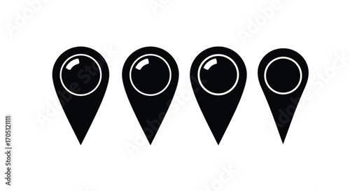 Four textured black map pointers showing location markers with glossy circles in a row vector