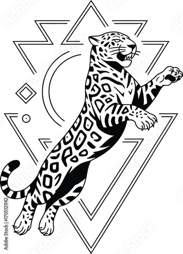 Black and white jaguar leaping with geometric shapes