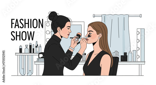 Makeup Artist Applying Cosmetics to Model's Face backstage at Fashion Show, Preparing for Runway Event Beauty and Glamour