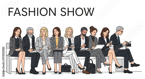 Diverse group of people attending a fashion show, sitting on a bench, engaged with their devices and laptops, awaiting the event to begin in a modern setting