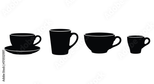 Four diverse black coffee cups and saucer arranged side by side isolated vector