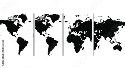 Global earth map silhouette divided into four panels showing continents and oceans vector
