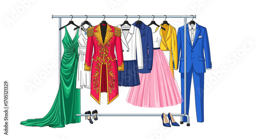 A curated collection of elegant attire and formal wear displayed on a clothing rack, showcasing a variety of stylish outfits perfect for any special occasion or event