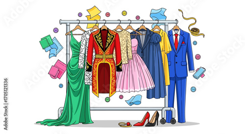 A colorful collection of various clothing items and accessories displayed on a rack, showcasing diverse fashion styles and garments for different occasions