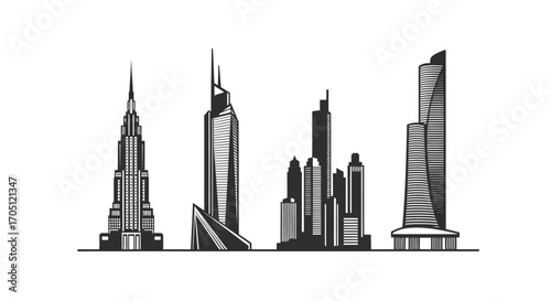 Modern cityscape silhouette with diverse architectural styles tall skyscrapers and high-rise buildings collection vector