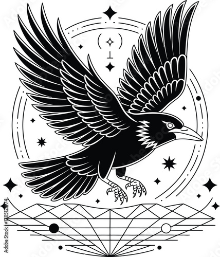 Black raven flying with outstretched wings and geometric celestial elements