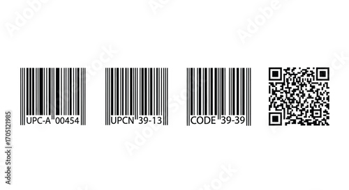 Four diverse barcode and qr code samples for retail and data scanning technology vector