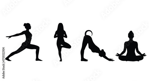 Silhouettes of diverse yoga poses practiced by men and women for fitness and wellness vector