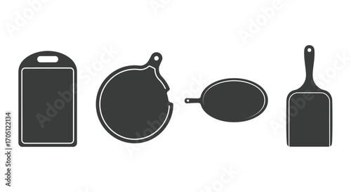 Set of four diverse cutting boards and pizza peel for kitchen and culinary use vector