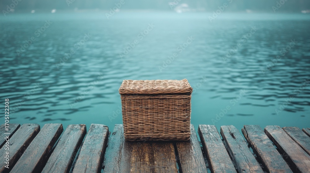 Fototapeta premium handmade wicker basket stand against lake 