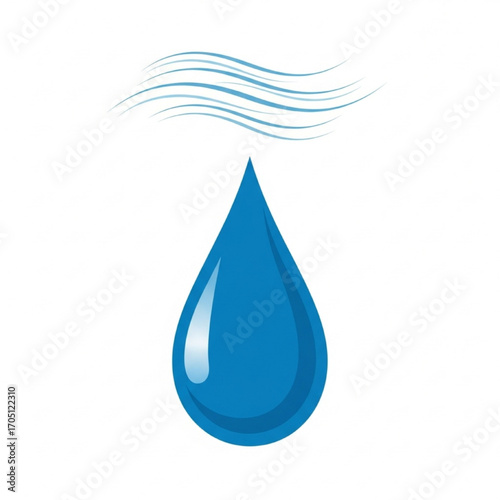 Clean blue water droplet with abstract wavy lines, symbolizing freshness, purity, and a gentle flow