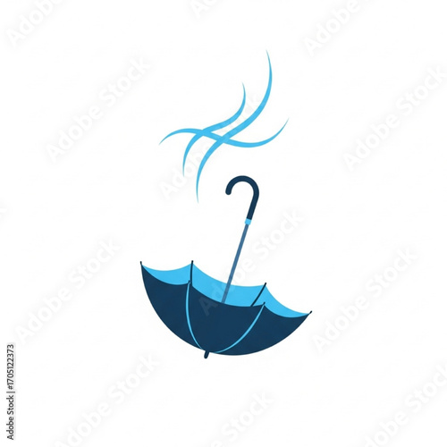 Simple vector icon of a blue umbrella being blown upside down by a strong gust of wind