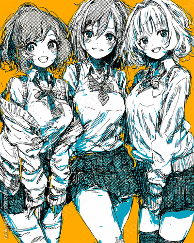 制服姿のレトロ可愛いアニメ風アイドル3人組のベクターイラスト