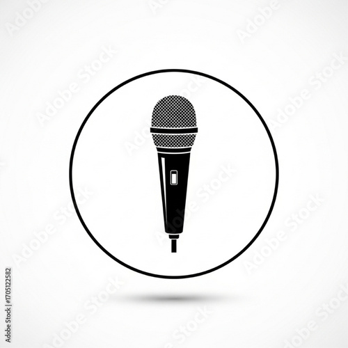 Black and white illustration of a classic microphone inside a circle