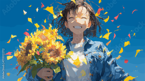 笑顔でひまわりを抱えるアニメ風の少女の夏イラスト