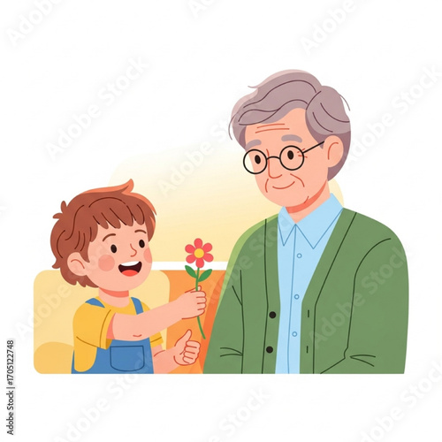 Grandson Giving Flower to Grandfather A Heartwarming Generational Moment