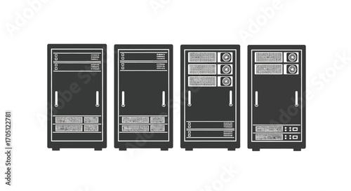Four identical industrial server racks lined up in a row showing data center equipment vector