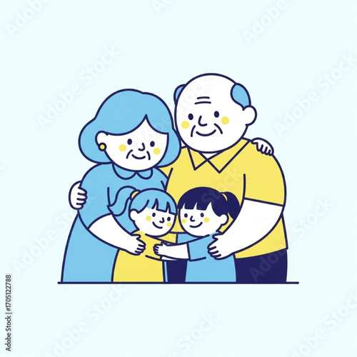 Happy multi-generational family, grandparents hugging grandchildren, joyful moment illustration