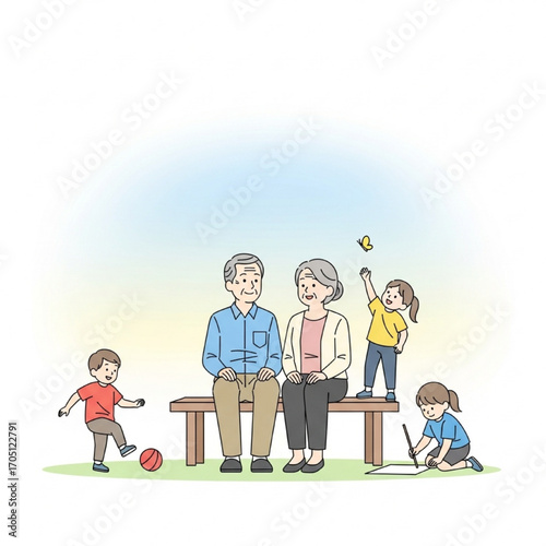 A heartwarming illustration of grandparents spending quality time with their grandkids outdoors