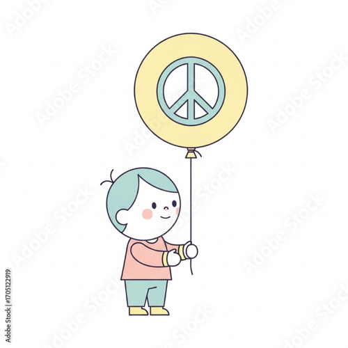 A young boy's innocent wish for world peace, holding a symbolic yellow balloon