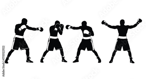 Dynamic boxing silhouette sequence athletic men fighting sports action poses vector
