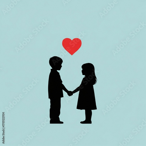 Cute silhouette of a boy and girl holding hands with a red heart above them