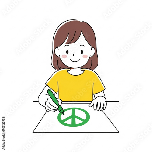 A young girl sits at a table and draws a green peace sign, an illustration about harmony and hope