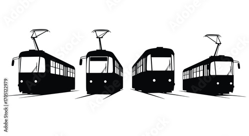 Four silhouette trams travel on railway tracks in a row artistic representation vector