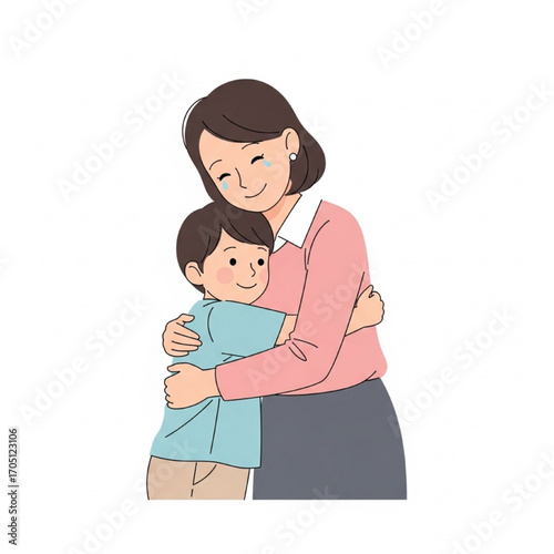 Heartwarming illustration of a loving mother and son sharing an emotional hug with happy tears
