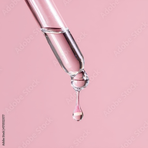 Glass pipette dispensing a clear drop of cosmetic serum against a pastel pink background.