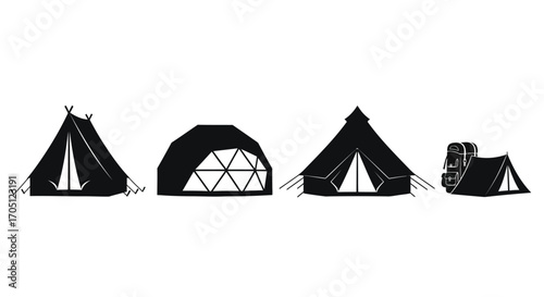 Various black camping tents set diverse outdoor shelter designs for adventure and glamping vector