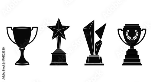 Collection of four silhouette trophies representing victory achievement and competition success vector
