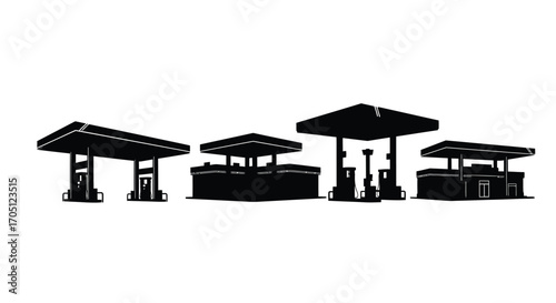 Silhouette row of gas station pump canopies and fueling stations in monochrome vector