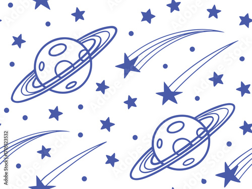 Seamless space pattern with planets, stars, and shooting comets in a minimal line art style. Perfect for wallpapers, fabrics, stationery, and digital backgrounds. Modern cosmic design for creative pro