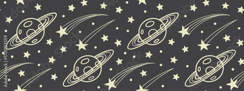 Seamless space pattern with planets, stars, and shooting comets on dark background. Cosmic vector design ideal for wallpaper, textile, and digital art. Astronomy themed illustration.
