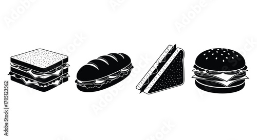 Hand drawn collection of diverse sandwiches and burger isolated on vector